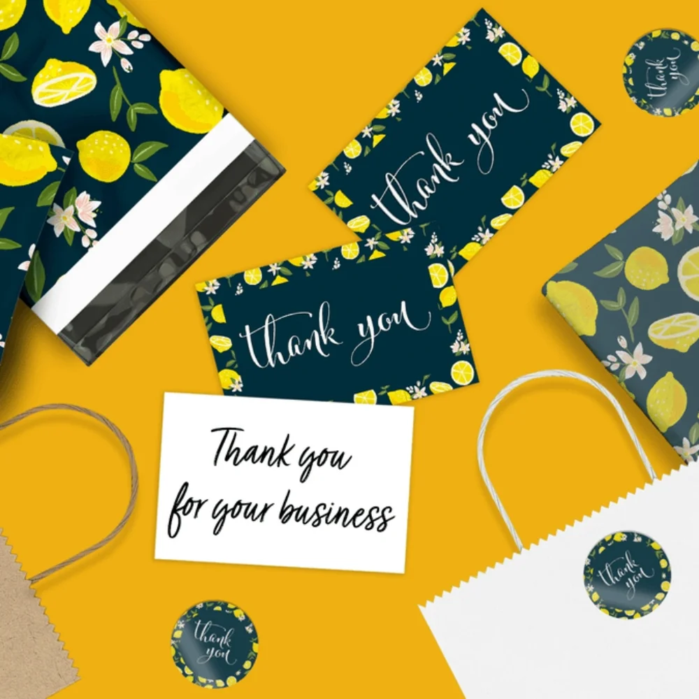 100 pc Lemon THEMED POLYMAILER Thank you Cards & Stickers  BUNDLE